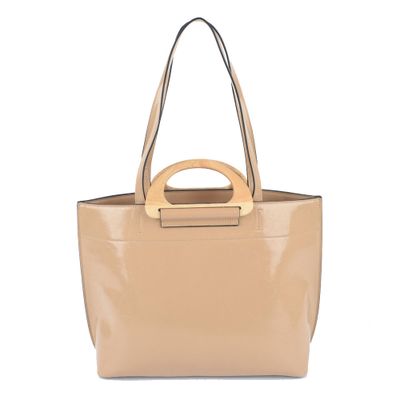 BEIGE COLOR CLASSY TOTE BAG WITH WOOD HANDLE
