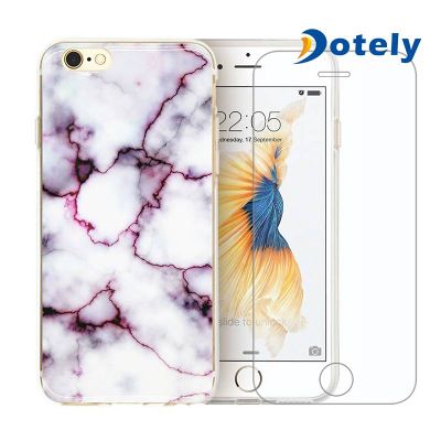 Marble Design Stone Soft Gel Rubber TPU Cover Case + Tempered Glass