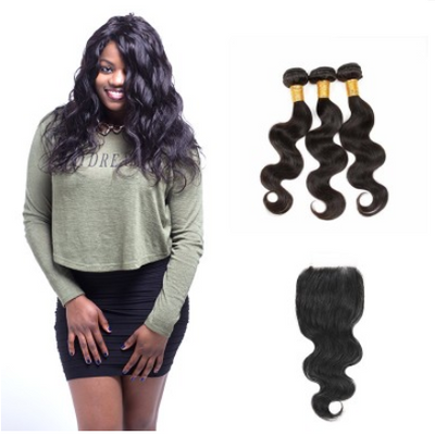 [8A]3 Bundles Malaysian Body Wave Hair Weave With Lace Closure