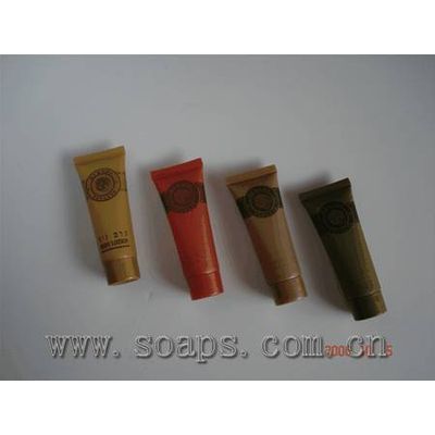 hotel amenities with tube filled in shampoo,conditioner,bath gel ,body lotion etc