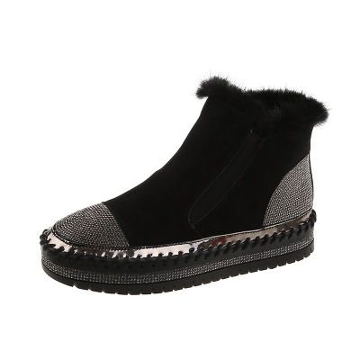 Fur collar slip-On knitting flat boots with Slip-On knitting flat boots with rhinestone artwork