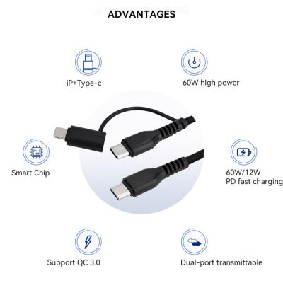 60W Super Fast Charging Cable 2-in-1 Woven Data Cable Suitable for Apple Typec Phone One Pull Two PD