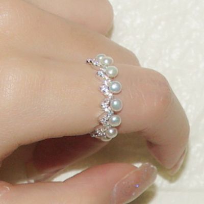 S925 Sterling Silver Ring Diamond Pearl Water Wave Ring