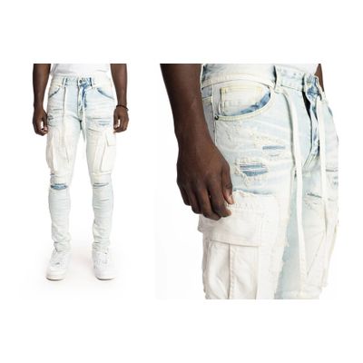 Light Blue Ripped Skinny Jeans with Pockets on Side
