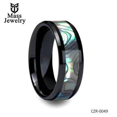 Beveled Black Ceramic Ring with Shell Inlay - 8mm
