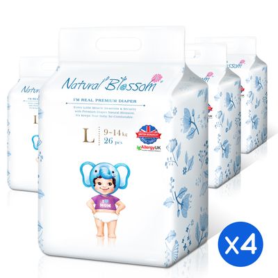Natural Blossom - Baby Disposable Diapers Hypoallergenic for Sensitive Skin, Size 4 / L (20-31 lbs)