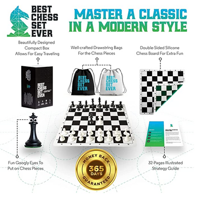 Best Chess Set Ever II - Chess Board Game with Triple Weight Tournament Pieces, Black Silicone Chess