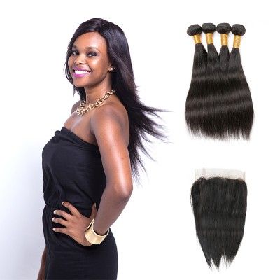 [8A]4 Bundles Brazilian Straight Hair Weave With Lace Frontal