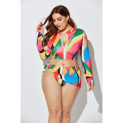 Female Zipper Swimwear Sexy Athletic Long Sleeve Printed Swimsuit for Fat Girl Split Slim Swimsuit