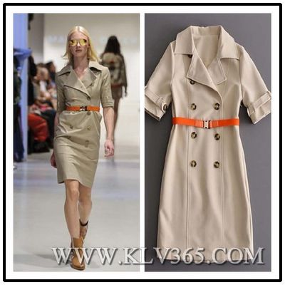 High Quality Designer Clothing Women Fashion Double Breasted Belted Midi Trench Dress