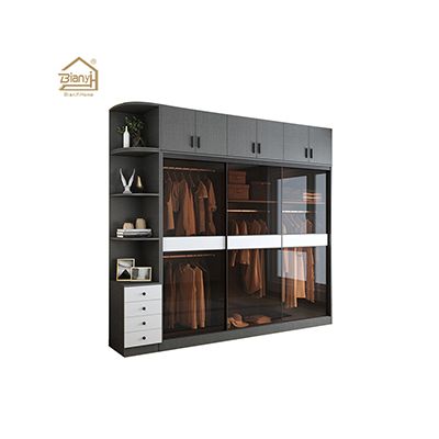 Hot Sell Modern Design Bedroom Closet wood wardrobe with sliding glass door