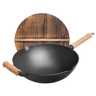 Pre-Seasoned Flat Bottom Cast Iron Woks With Two Pouring Spouts
