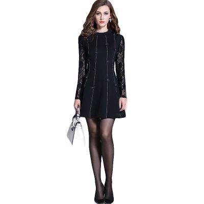 Spring Autumn Women Fashion Patchwork Lace O-Neck Long Sleeve Casual Dress WT51894