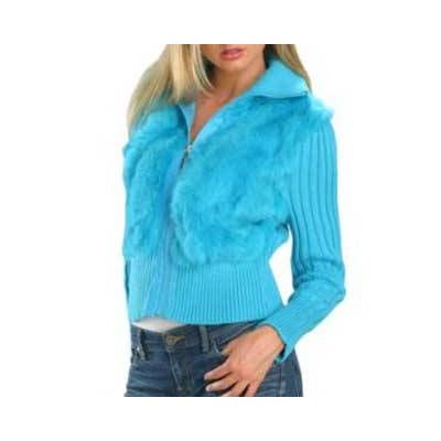 Ladies Knitted Turquoise Jacket with Rabbit Fur