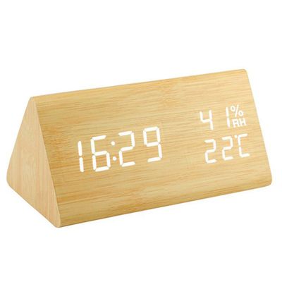 Wooden Electronic LED Digital Alarm Clock Temperature and Humidity Detector