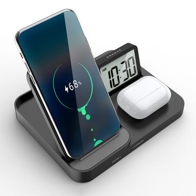 Three in One Wireless Charging Alarm Clock, Phone Power Bank and Iphonee Earphone Charger