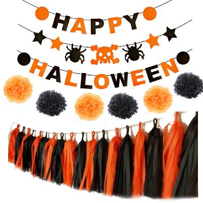 Happy Halloween banner with paper pom poms ,garlands, tassels for party decoration