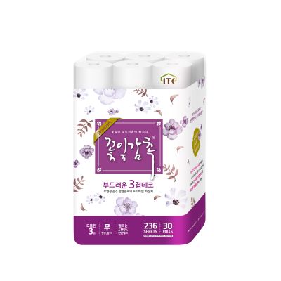 Korea ITC, 3 ply toilet paper, bathroom tissue, roll tissue, 100% virgin pulp, 3 ply deco