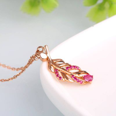 Robira Feather Design Ruby Pendant Necklace 14K Gold Fashion Charm for Women