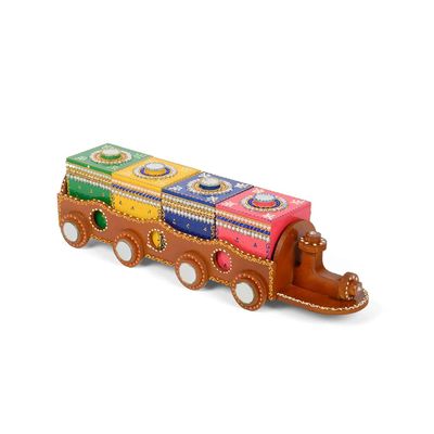 Beautiful Hand Crafted Wooden Decorative Train Shape Dry Fruit Box (Multicolour)