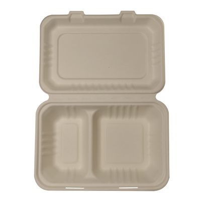 9" X 6" 2 Compartment Hinged Bagasse Clamshell Rigid SugarcaneTake Out Food Boxes