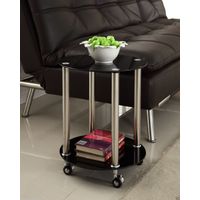 Black Glass 2 Tier Side Coffee End Table with Wheels Chrome Finish Stylish thumbnail image
