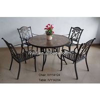 patio& lawn metal cast aluminum big round table and chairs set ceramic tabletop with parasol hole st thumbnail image