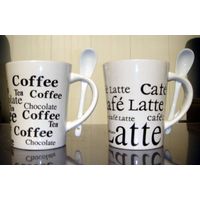 Porcelain coffee cup with spoon, white mug with black full printing thumbnail image
