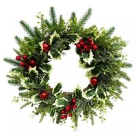 Spruce Wreath with Silver Bristles Cones Red Berries Warm White LED Lights with Timer Christmas Wrea thumbnail image