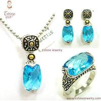 Vintage Jewelry Set Brass CZ Jewelry Set with Oval blue gemstones and Genuine rhodium plating thumbnail image