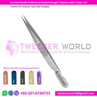 Serrated Handle Professional Eyelash Straight Tweezers with S shape Tail thumbnail image