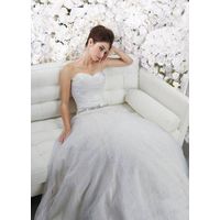 A-line Sweetheart Sleeveless Chapel Train Tulle Wedding Bride Dress with Ruffles and Stone (GWBN0120 thumbnail image